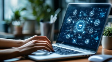 Person's hands typing on a laptop with a glowing digital network graphic on the screen.
