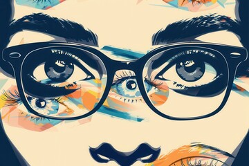 Aufkleber - Colorful and artistic backdrop featuring unique eyes accentuates the trendy eyeglasses, creating an engaging visual composition. Generative AI