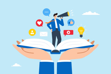 Flat illustration of young man tells brand story through opening book and megaphone communicating creativity and narrative