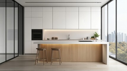 modern minimalist kitchen with urban skyline view and wooden accents for inspiration