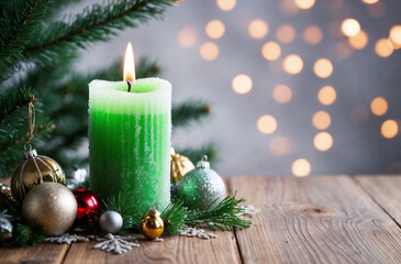 Wall Mural - Christmas candle with surrounded by beautiful decorations and bokeh background, copy space for text