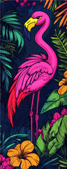 Naklejka na meble vector image of a pink flamingo on a background of green exotic palm leaves and monstera for wallpaper, generative AI