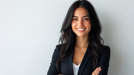 Confident young woman wearing a black blazer poses with arms crossed in a modern office setting