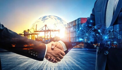 businessman handshake of business deal with logistic and transportation global network 