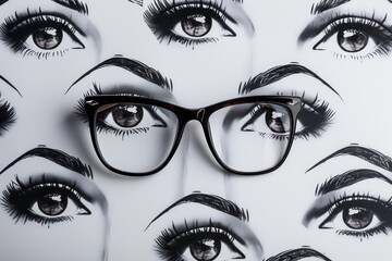 Poster - These fashionable eyeglasses are displayed prominently against a unique pattern of beautifully stylized eyes, highlighting creativity. Generative AI