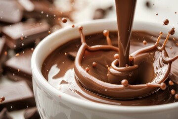 Brown Chocolate Splash with Splashing Drops on White Background - Food Photography