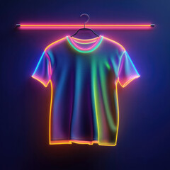 Wall Mural - Neon T-shirt hanging on a clothes rack, brightly glowing in a dimly lit room.