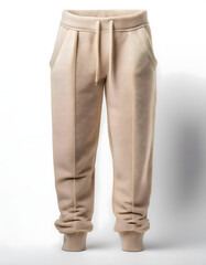 A pair of fleece pants in light beige on an isolated white background