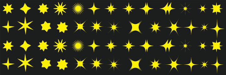 Wall Mural - Retro futuristic bright vector icons collection. Set of original star sparkle shapes. Abstract shine effect vector sign. Glowing light effect, twinkle templates stars and bursts, shiny flash