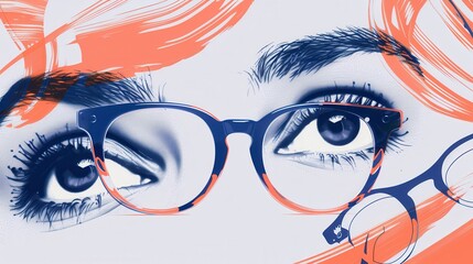 Poster - A striking pair of eyeglasses rests against a vibrant backdrop of illustrated eyes, highlighting stylish design and artistic flair. Generative AI