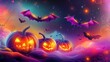 © Muhammad - A vibrant abstract Halloween card with glowing pumpkins, neon bats, and swirling mist in bright shades of purple, orange, and pink, set against a starry night sky.