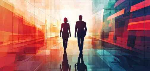 Silhouettes of two professionals walking in an abstract, colorful environment.