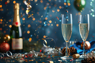 Two glasses of champagne clinking, amidst a festive backdrop.