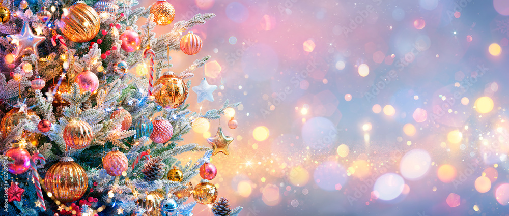 Christmas Tree - Golden Ornament Hanging Fir Branches With Bokeh Lights ...