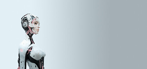 A futuristic 3d rendering of a humanoid robot with a pink and white body, a highly detailed in a minimal background. the image a modern, technological feel, perfect for AI and technology