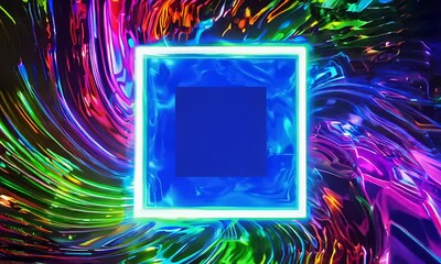 Wall Mural - vibrant neon square frame in swirling vortex on dark background.