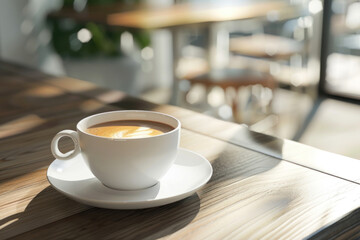 Steaming cup of coffee on rustic table.