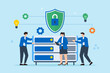 © VZ_Art - Flat illustration of three people building secure network around server to prevent cyberattacks with encryption and cybersecurity protocols
