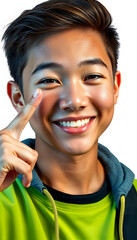 Teenager shows a sign of strength, young adult with happy gesture, beautiful face isolated with white highlights, png