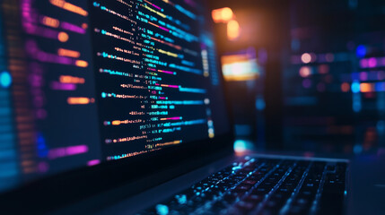 Create a banner background showcasing software engineering with a computer laptop. The design should feature programming code and application software development, highlighting the use of AI and digit