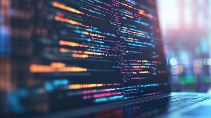 Create a banner background showcasing software engineering with a computer laptop. The design should feature programming code and application software development, highlighting the use of AI and digit