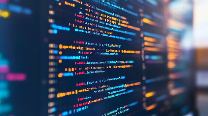 Create a banner background showcasing software engineering with a computer laptop. The design should feature programming code and application software development, highlighting the use of AI and digit