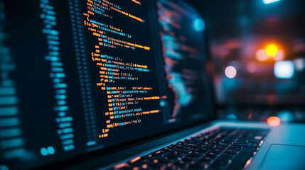 Create a banner background showcasing software engineering with a computer laptop. The design should feature programming code and application software development, highlighting the use of AI and digit