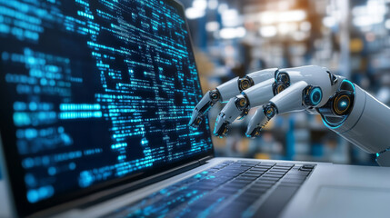 Create a banner background showcasing software engineering with a computer laptop. The design should feature programming code and application software development, highlighting the use of AI and digit