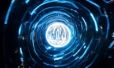 Wall Mural - abstract image of glowing sphere in blue energy tunnel.
