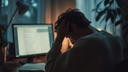 young man is holding his head with his hands, trying to relieve a strong headache or anxiety, while 