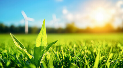 Poster - A leaf is in the foreground of a field of grass