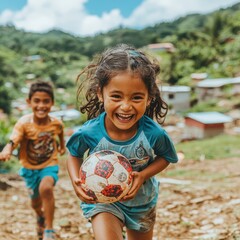 two children running with a soccer ball in the dirt