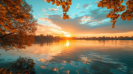 Fototapete - A stunning autumn sunset illuminates the sky with vibrant colors, creating beautiful reflections in the calm water below. Generative AI
