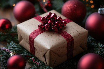 Sticker - Christmas present box with a red bow and festive ornaments.