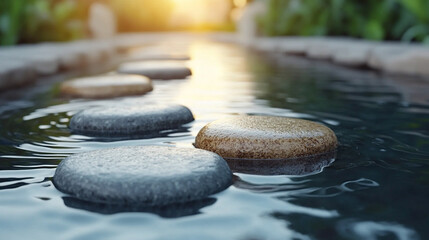 Poster - Smooth stones arranged in water, creating gentle ripples that radiate outward. Symbolizes inner peace, meditation, and the interconnectedness of thoughts and actions in a serene environment