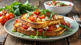 French toast with bacon tomato arugula and feta served on a plate with a forced perspective creating an eye catching visual effect, mealtime, gourmet, appetizing, delicious, arugula