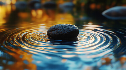 Poster - Smooth stones arranged in water, creating gentle ripples that radiate outward. Symbolizes inner peace, meditation, and the interconnectedness of thoughts and actions in a serene environment