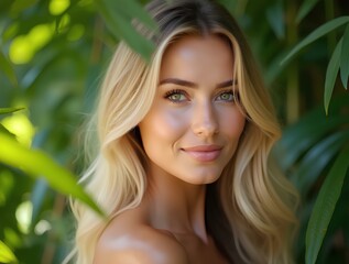 portrait of a blonde with natural beauty among the leaves of tropical trees. spa and pleasure, skin 