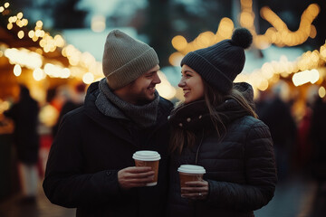 Poster - Couple standing in front of Christmas tree, arms around each other, smiles bright. Lights twinkle, atmosphere festive.