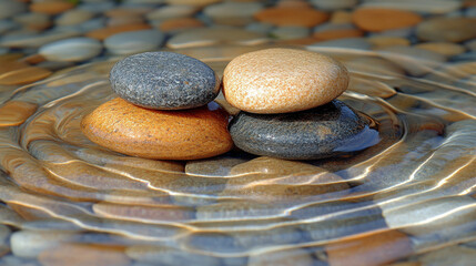 Wall Mural - Smooth stones arranged in water, creating gentle ripples that radiate outward. Symbolizes inner peace, meditation, and the interconnectedness of thoughts and actions in a serene environment