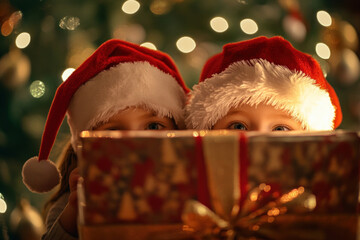 Canvas Print - Baby in Santa hat gazes at a Christmas present, eyes wide with wonder.