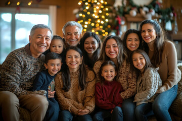 Wall Mural - Family on couch in front of Christmas tree, laughing and opening gifts. Joyful holiday celebration captured in warm, cozy setting.