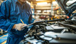 © Людмила Мазур - Mechanic is writing on a clipboard while looking at a car engine. The clipboard has a list of items to check, and the mechanic is making sure everything is in order