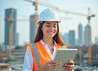 a female foreman engineer in a helmet with a tablet in her hands smiles at the construction site