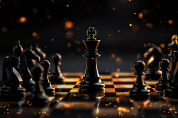 chess board with a black king in the middle. the king is surrounded by other pieces, including pawns