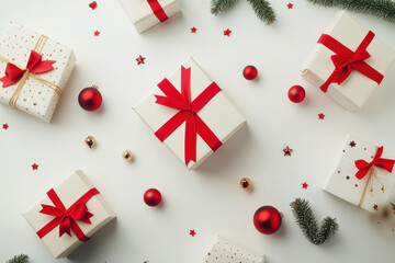 Poster - Christmas presents wrapped in colorful paper and bows, arranged neatly on a white background.