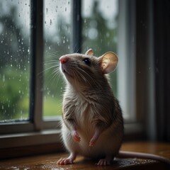 A cute pet rat sits on a windowsill looking out at a rainy day.