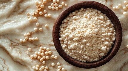 Sticker - Quinoa Flour in a Wooden Bowl on a Marble Surface