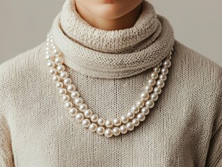 Pearl necklace cascading over a turtleneck sweater, pearl accessories, classic winter fashion