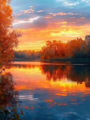 Poster - The sky bursts with vibrant autumn hues as the sun sets, casting colorful reflections on the calm water of the lake surrounded by trees. Generative AI